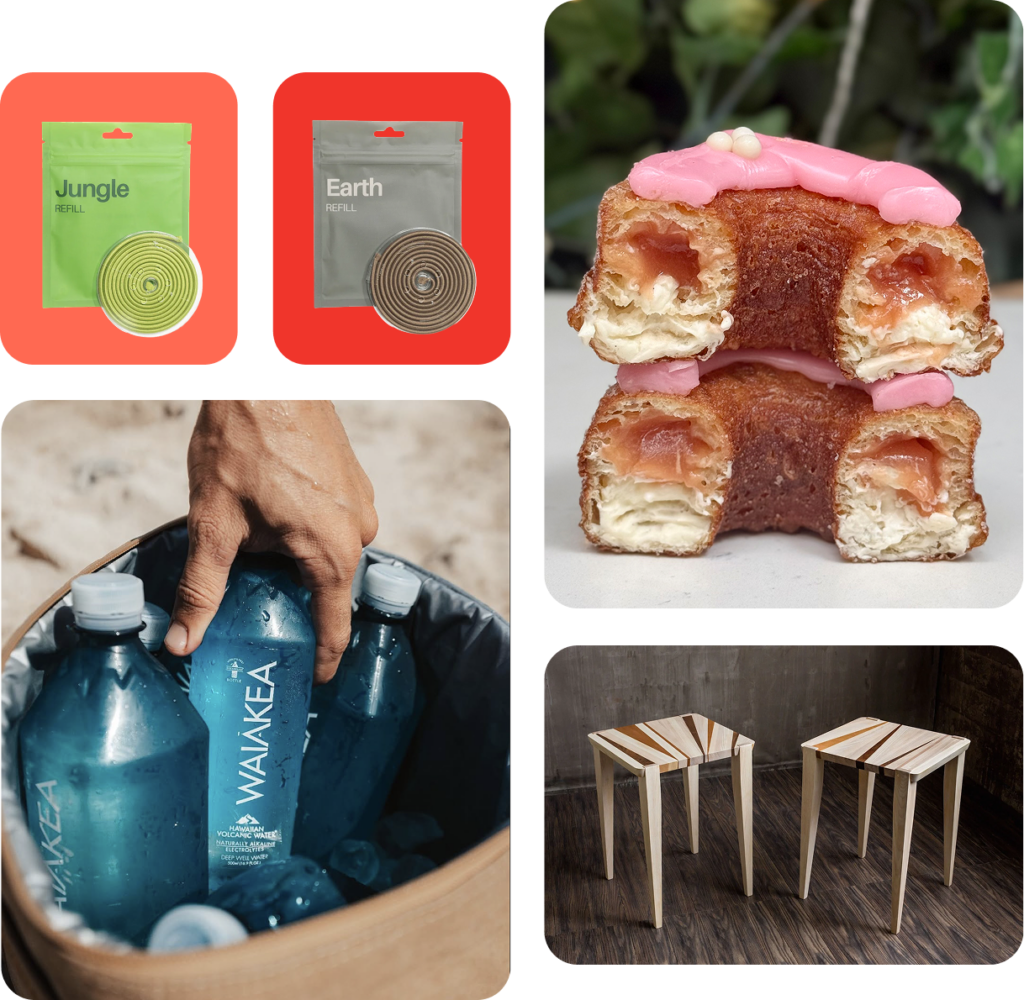 Hair ties, crounuts, tables, and waiakea water collage